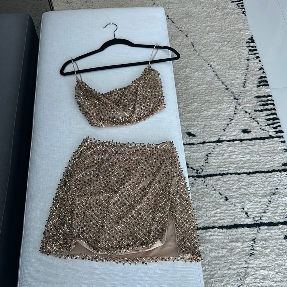 Oh Polly Tan Embellished Mini Skirt Set